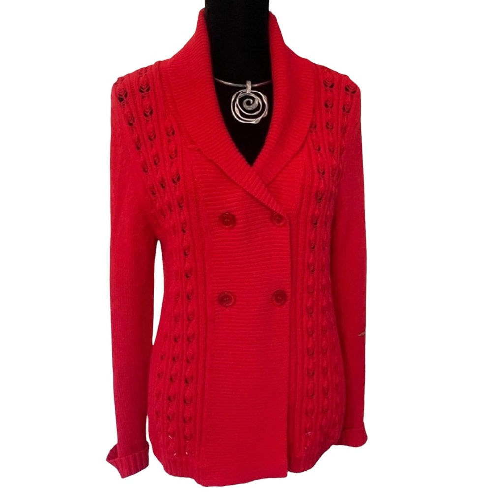 Rafaella Women’s Red Shawl Collar Button Down Cardigan Sweater Size Medium